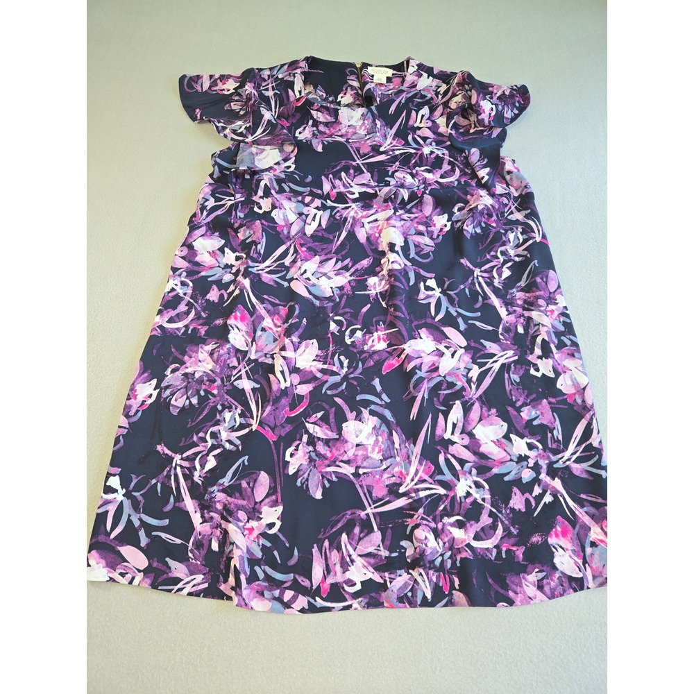 Rachel Zoe Shift Dress Womens 1X Purple Abstract Floral Flutter Sleeve Zipper